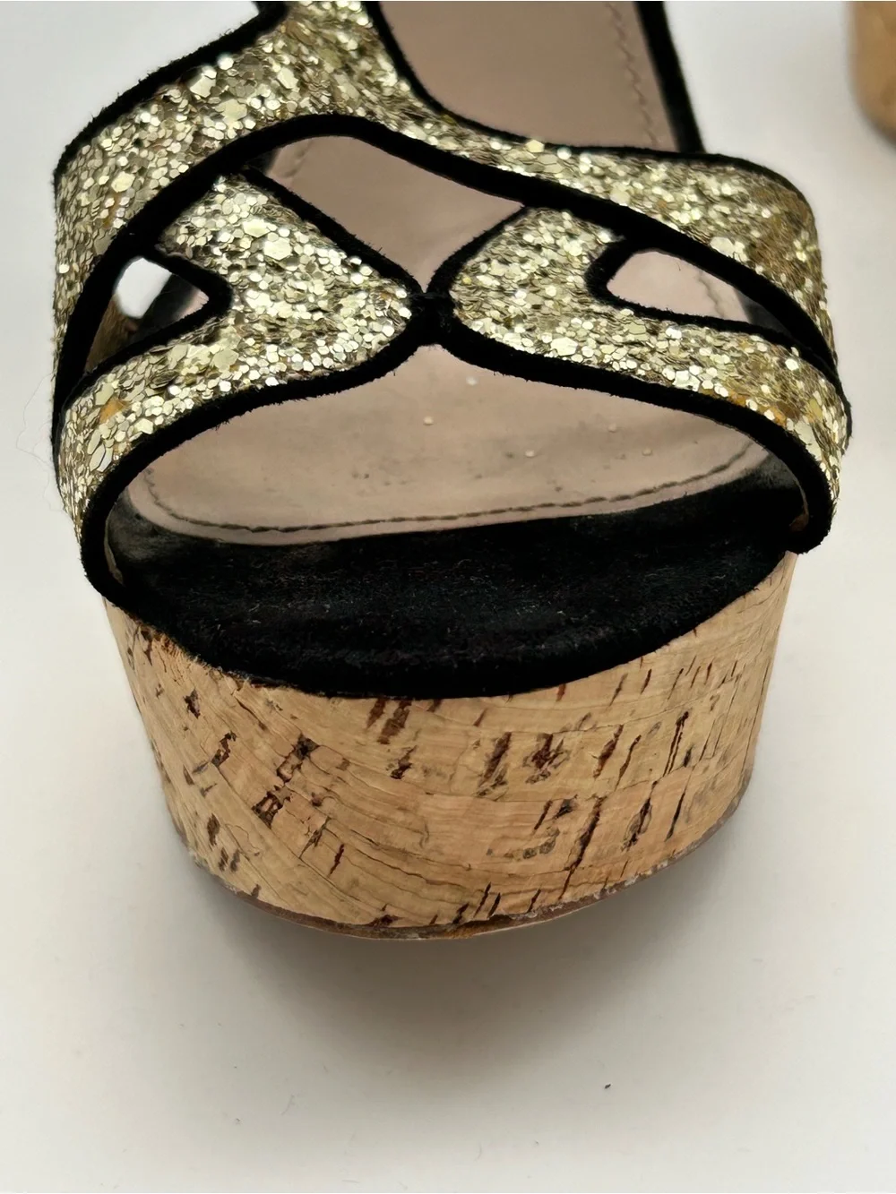 Miu Miu Gold Glitter Cork Platform Wedge Sandals size 39